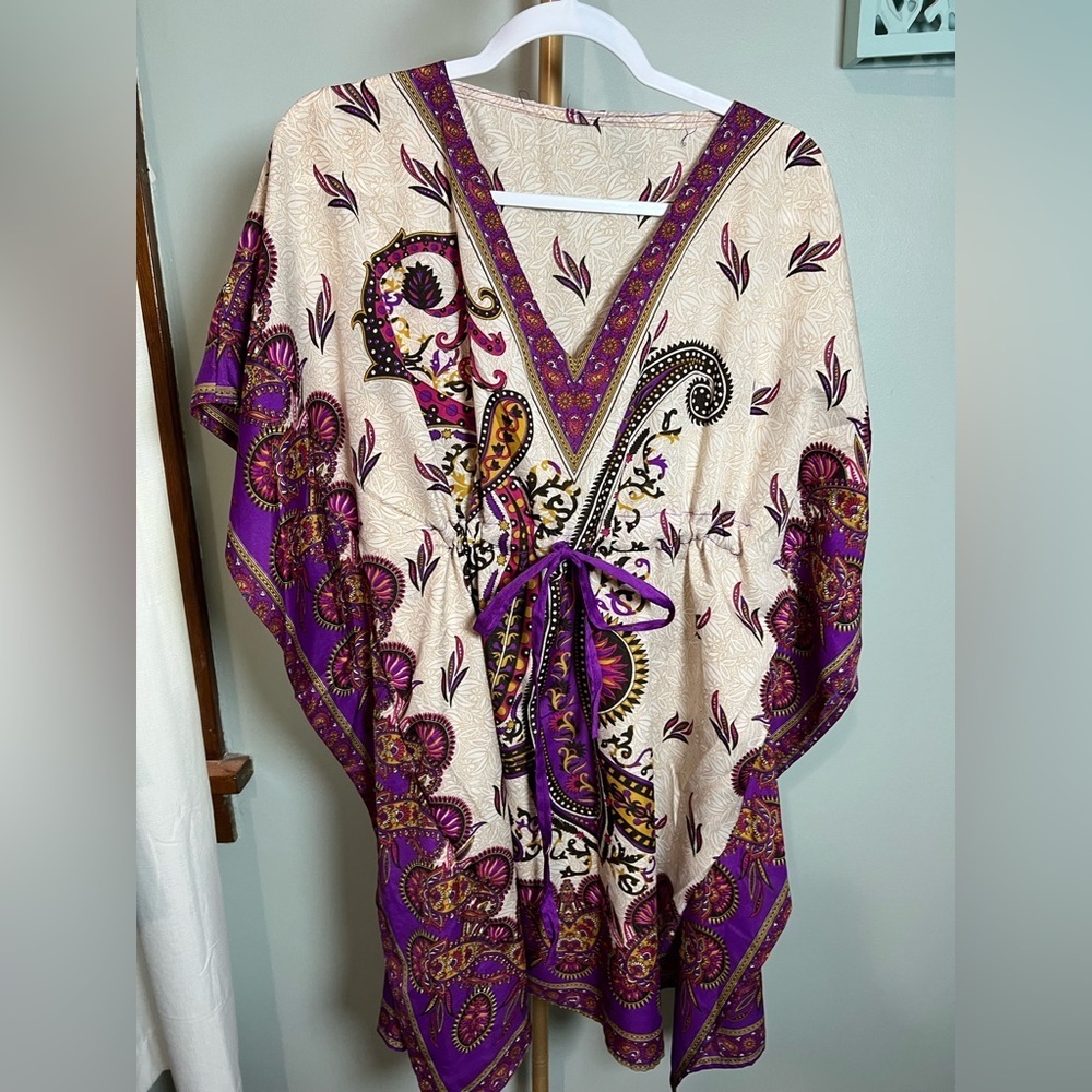 Purple and Cream Bohemian Tunic Dress or Cover Up